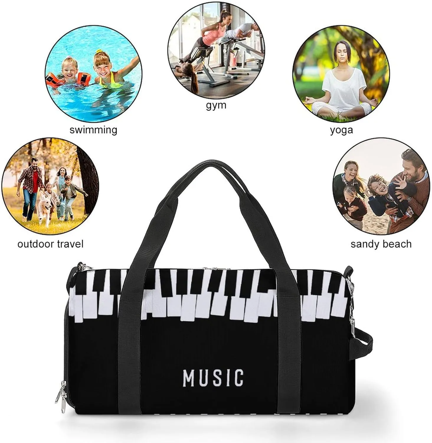 Piano Keys Print Sports Tote Gym Bag for Women Men, Overnight Bag with Shoe Compartment Water Resistant