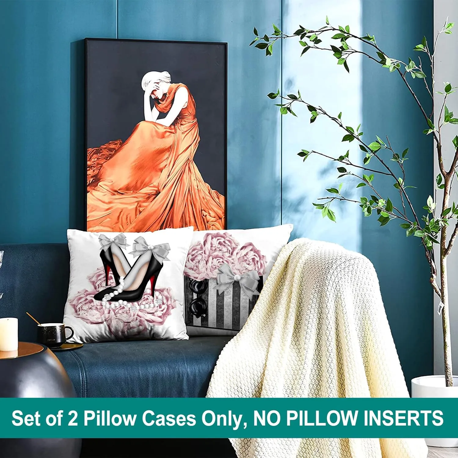 Pink Gray Throw Pillow Covers Couch Bed Decorative Pillow Covers Fashion Handbag High Heels Flower Sofa Pillow Covers 18x18 Women Teen Girls Room Decor Soft Velvet Square Pillow Cases Set of 2