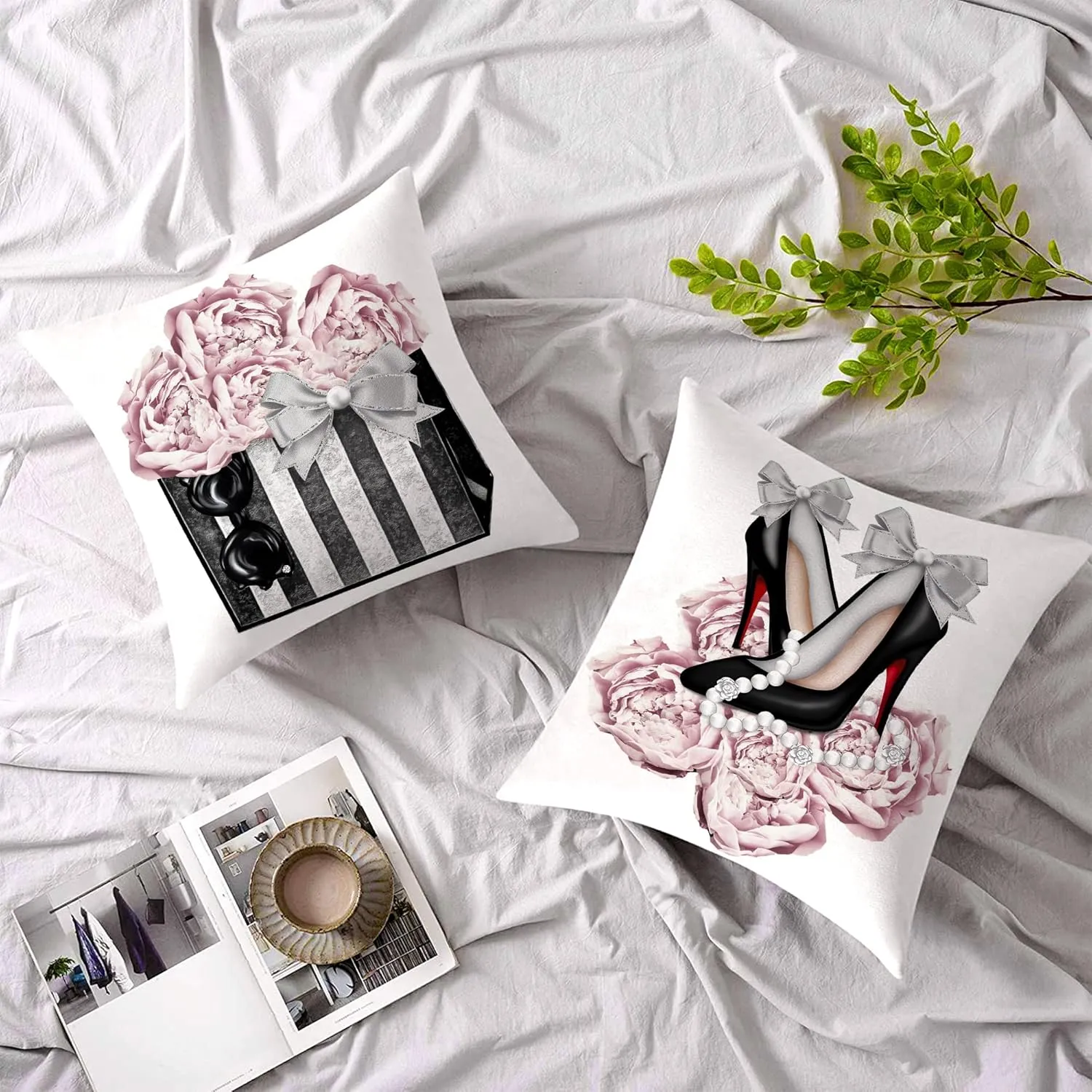 Pink Gray Throw Pillow Covers Couch Bed Decorative Pillow Covers Fashion Handbag High Heels Flower Sofa Pillow Covers 18x18 Women Teen Girls Room Decor Soft Velvet Square Pillow Cases Set of 2