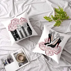 Pink Gray Throw Pillow Covers Couch Bed Decorative Pillow Covers Fashion Handbag High Heels Flower Sofa Pillow Covers 18x18 Women Teen Girls Room Decor Soft Velvet Square Pillow Cases Set of 2