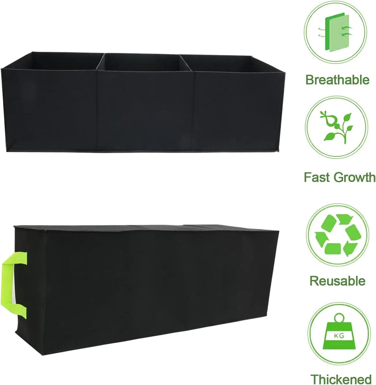 Plant Grow Bags, 4 Pack Fabric Raised Planting Bads, 3 Holes Rectangle Grow Bag, 15 Gallon Breathable Potato Tomato Planter Pots for Outdoor Vegetables Plant Flowers(Black)