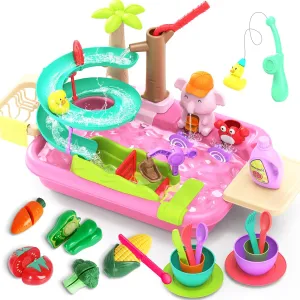 Play Sink Toy with Running Water, 4 in 1 Kitchen Sink Toy with Cutting Food Toys Set,Toddlers Montessori Educational Pretend Play Kitchen Toy with Magnetic Floating Pool Fishing Toy for Girls Ages 3 