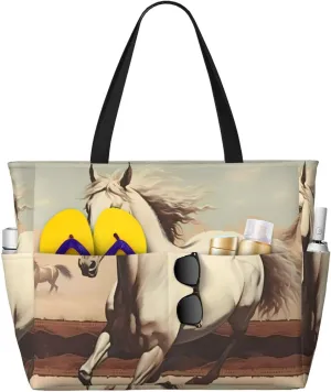 Prancing White Horse Print 28L Large Beach Tote Bag, 7 Pockets Waterproof Travel Shoulder Bag, Gym Oversized Tote
