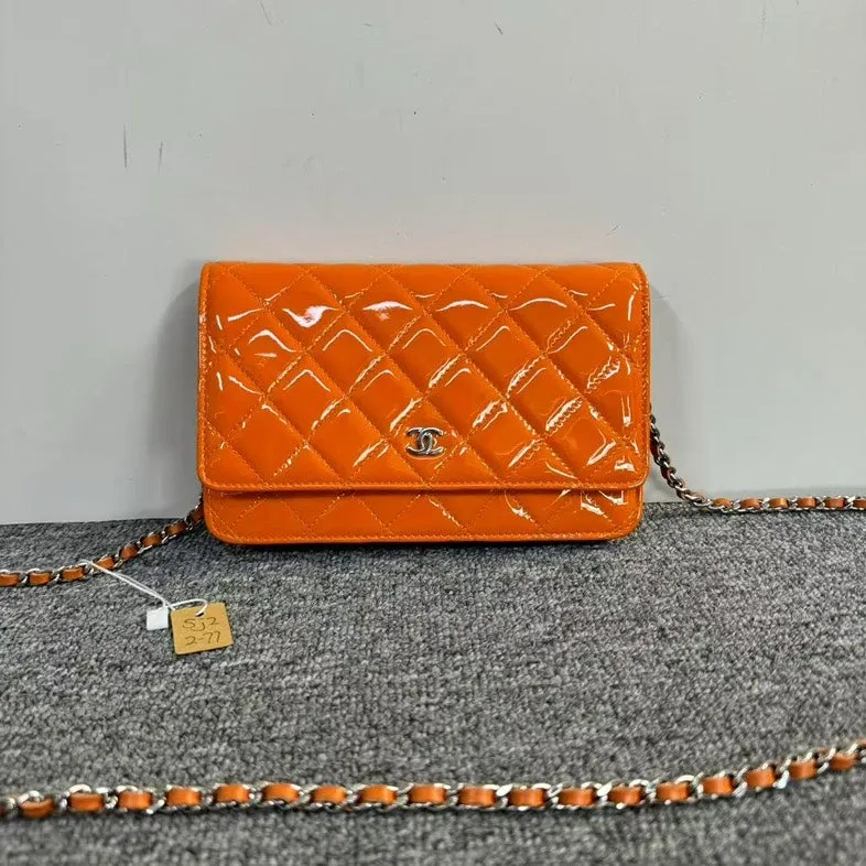 Preloved Chanel Chain Bag Patent Leather Orange Shoulder Bag