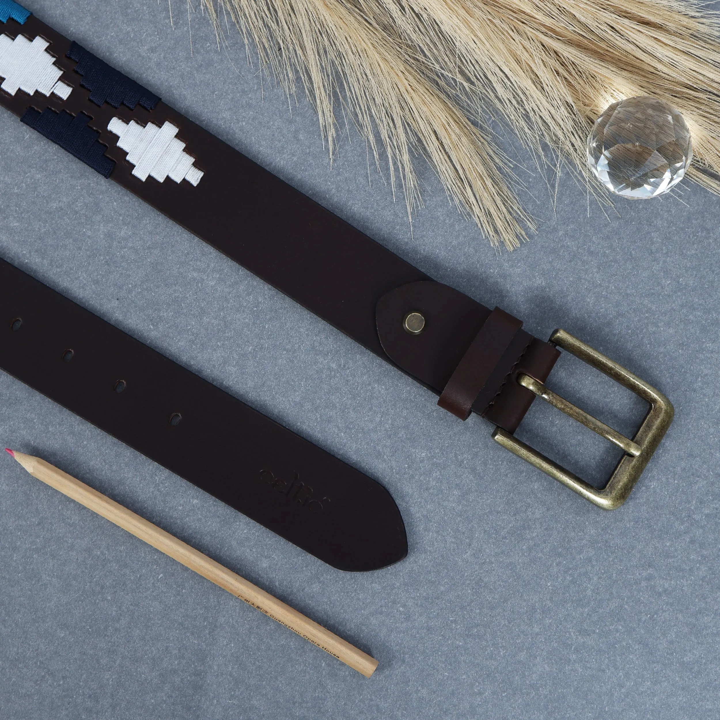 Premium Brown Leather Belt with Golden Buckle & Multi-Color Stitching.LB-877