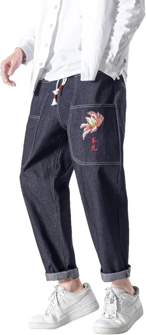 PRIJOUHE Mens Elastic Waist Drawstring Jeans Casual Stretchy Regular Fit Tapered Leg Distressed Jeans Pants