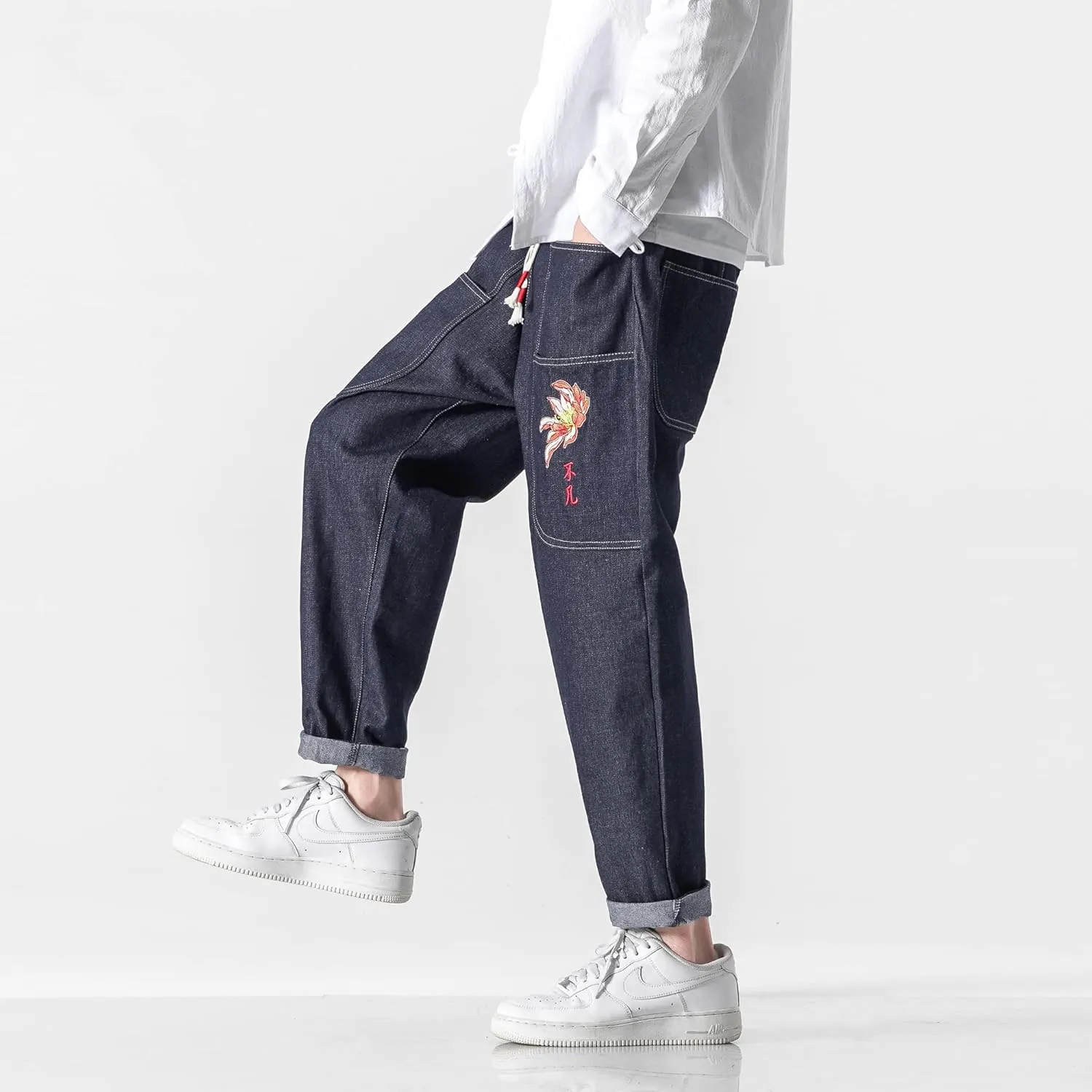 PRIJOUHE Mens Elastic Waist Drawstring Jeans Casual Stretchy Regular Fit Tapered Leg Distressed Jeans Pants