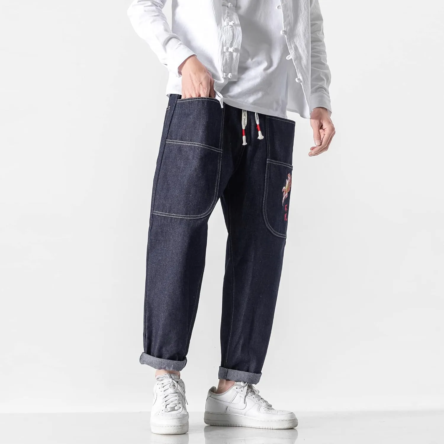 PRIJOUHE Mens Elastic Waist Drawstring Jeans Casual Stretchy Regular Fit Tapered Leg Distressed Jeans Pants