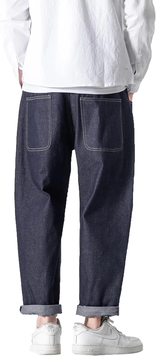 PRIJOUHE Mens Elastic Waist Drawstring Jeans Casual Stretchy Regular Fit Tapered Leg Distressed Jeans Pants