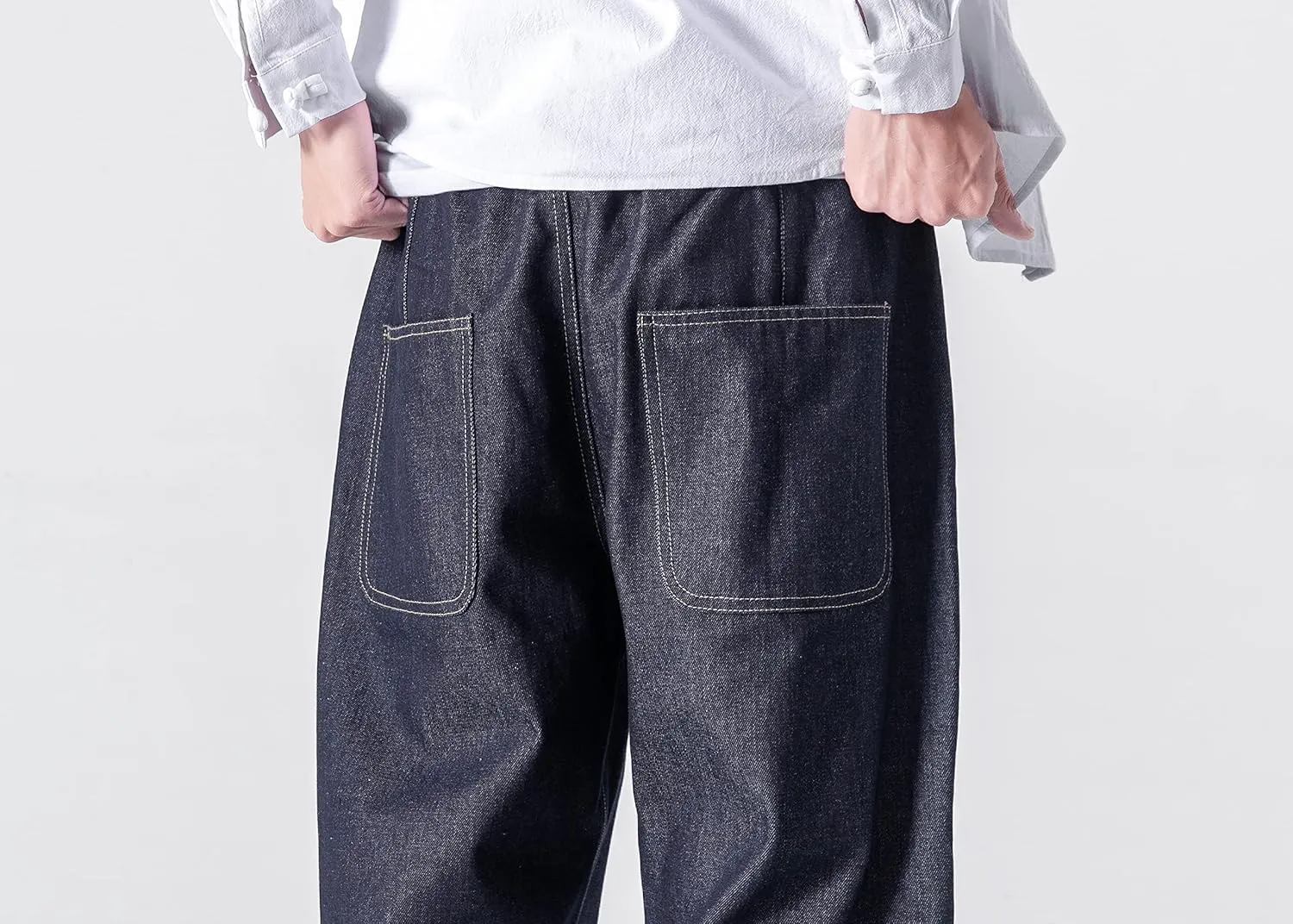 PRIJOUHE Mens Elastic Waist Drawstring Jeans Casual Stretchy Regular Fit Tapered Leg Distressed Jeans Pants
