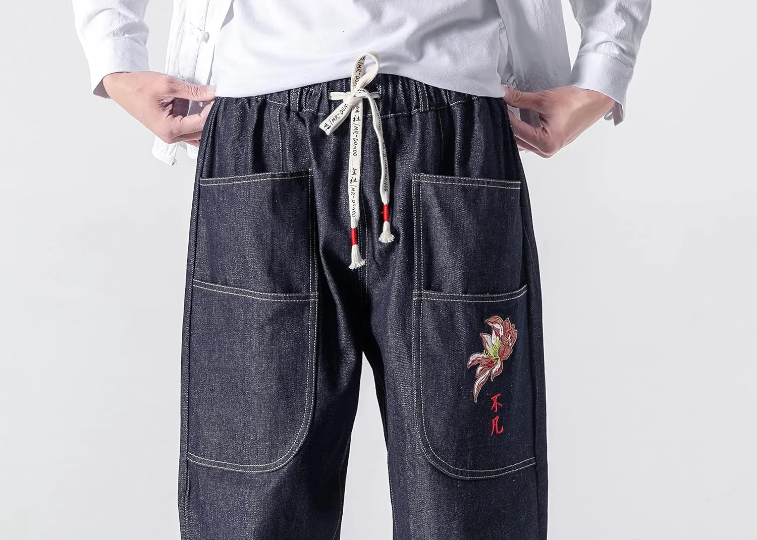 PRIJOUHE Mens Elastic Waist Drawstring Jeans Casual Stretchy Regular Fit Tapered Leg Distressed Jeans Pants