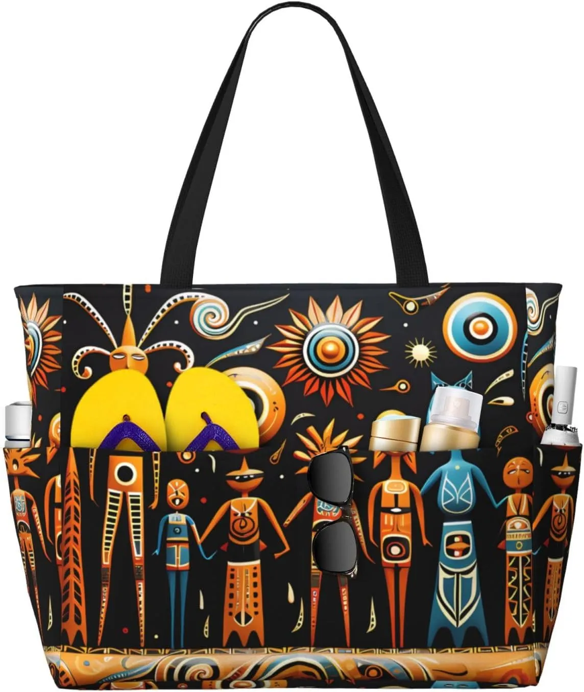 Primitive Totem Print 28L Large Beach Tote Bag, 7 Pockets Waterproof Travel Shoulder Bag, Gym Oversized Tote