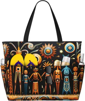 Primitive Totem Print 28L Large Beach Tote Bag, 7 Pockets Waterproof Travel Shoulder Bag, Gym Oversized Tote