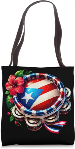 Puerto Rican Flag Hibiscus Tambourine Pride Tote Bag