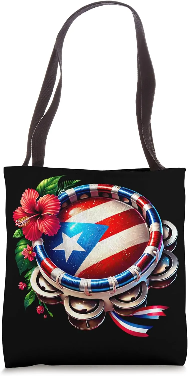 Puerto Rican Flag Hibiscus Tambourine Pride Tote Bag