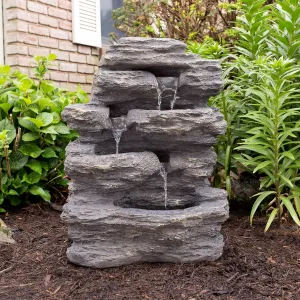 Pure Garden 3-Tier Outdoor Water Fountain - Cascading Faux Rock Waterfall with Soothing Natural Sound for Patios, Porches, and Decks (Gray Stone)