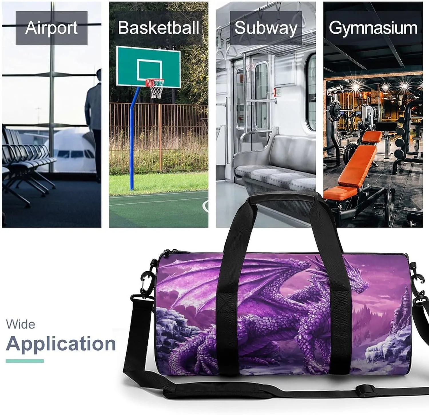 Purple Snow Dragon Travel Gym Bag for Women Men Cylindrical Duffle Bag Sport Workout Bag with Shoulder Strap