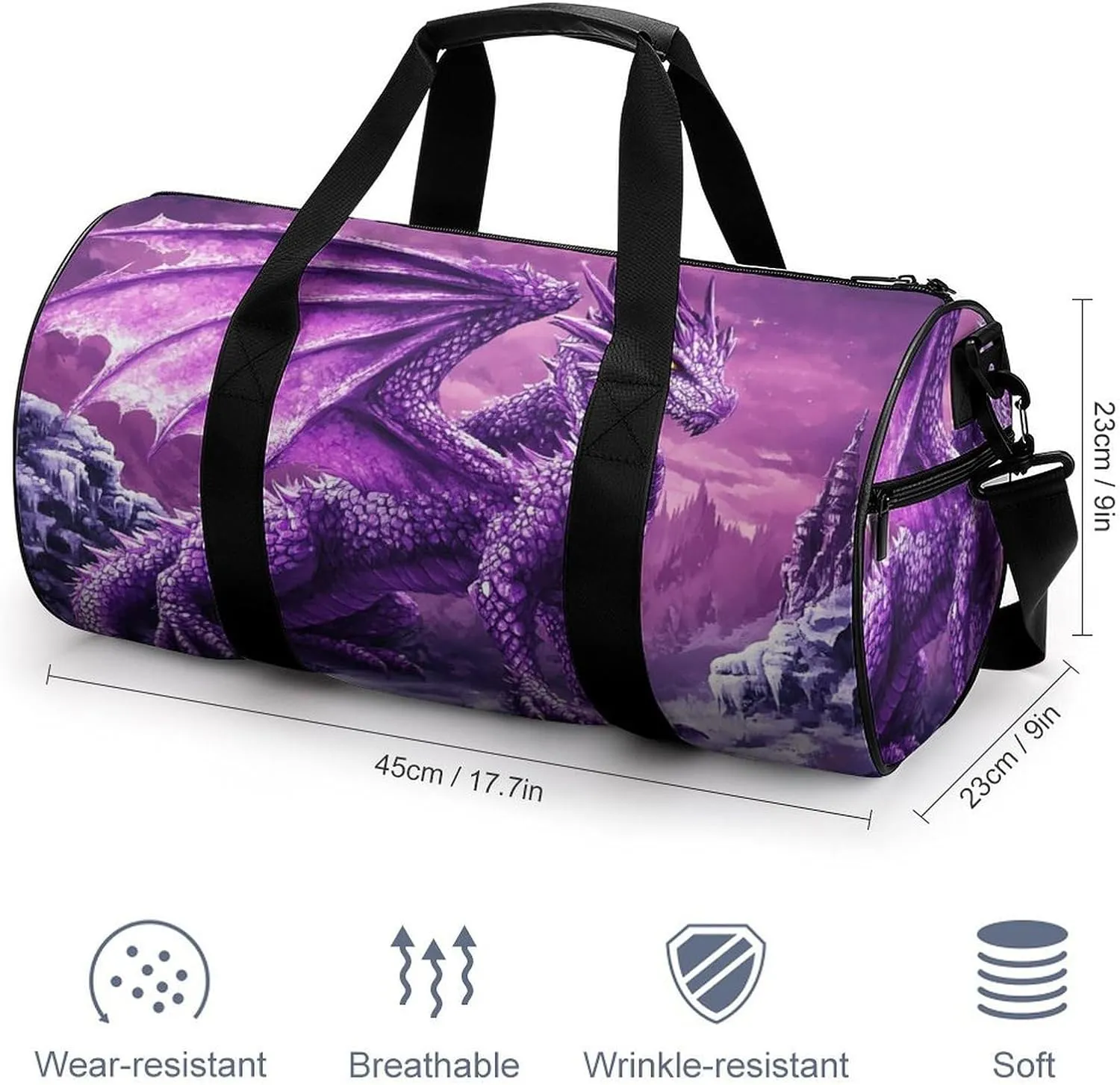 Purple Snow Dragon Travel Gym Bag for Women Men Cylindrical Duffle Bag Sport Workout Bag with Shoulder Strap