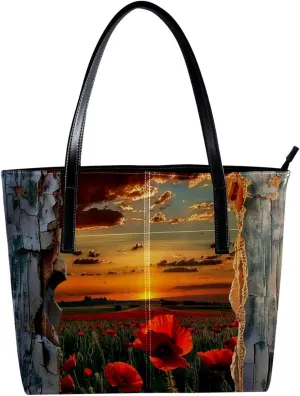 Purses for Women,Tote Bag Aesthetic,Women's Tote Handbags,Door Sunset Flower Field