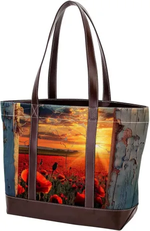 Purses for Women,Tote Bag for Women,Handbags for Women,Door Sunset Flower Field