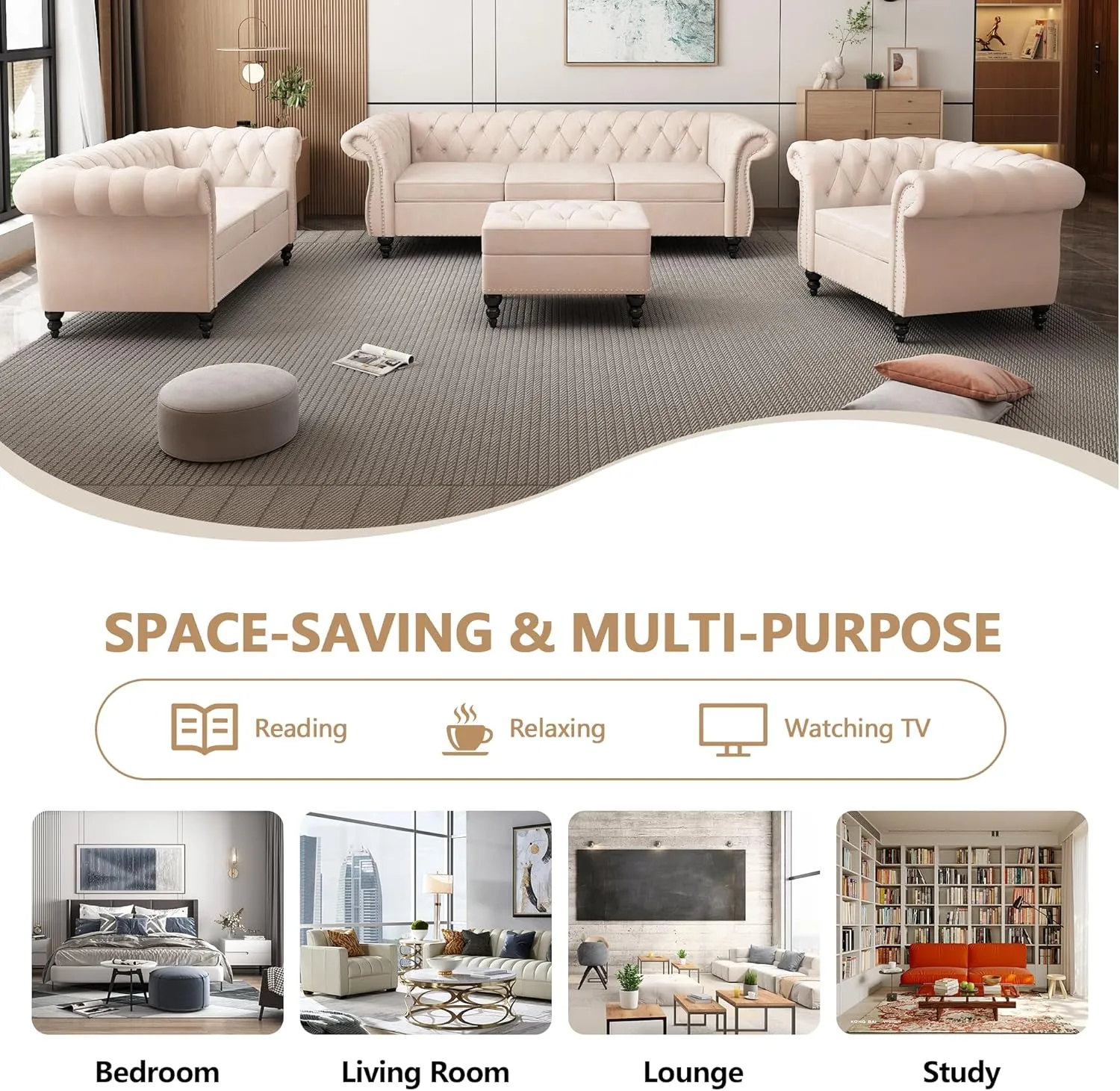 QHITTY 2 Piece Living Room Set, Sectional Chesterfield Sofa Chair Contemporary Upholstered Velvet Loveseat Couch Sets for Living Room, Bedroom, Office