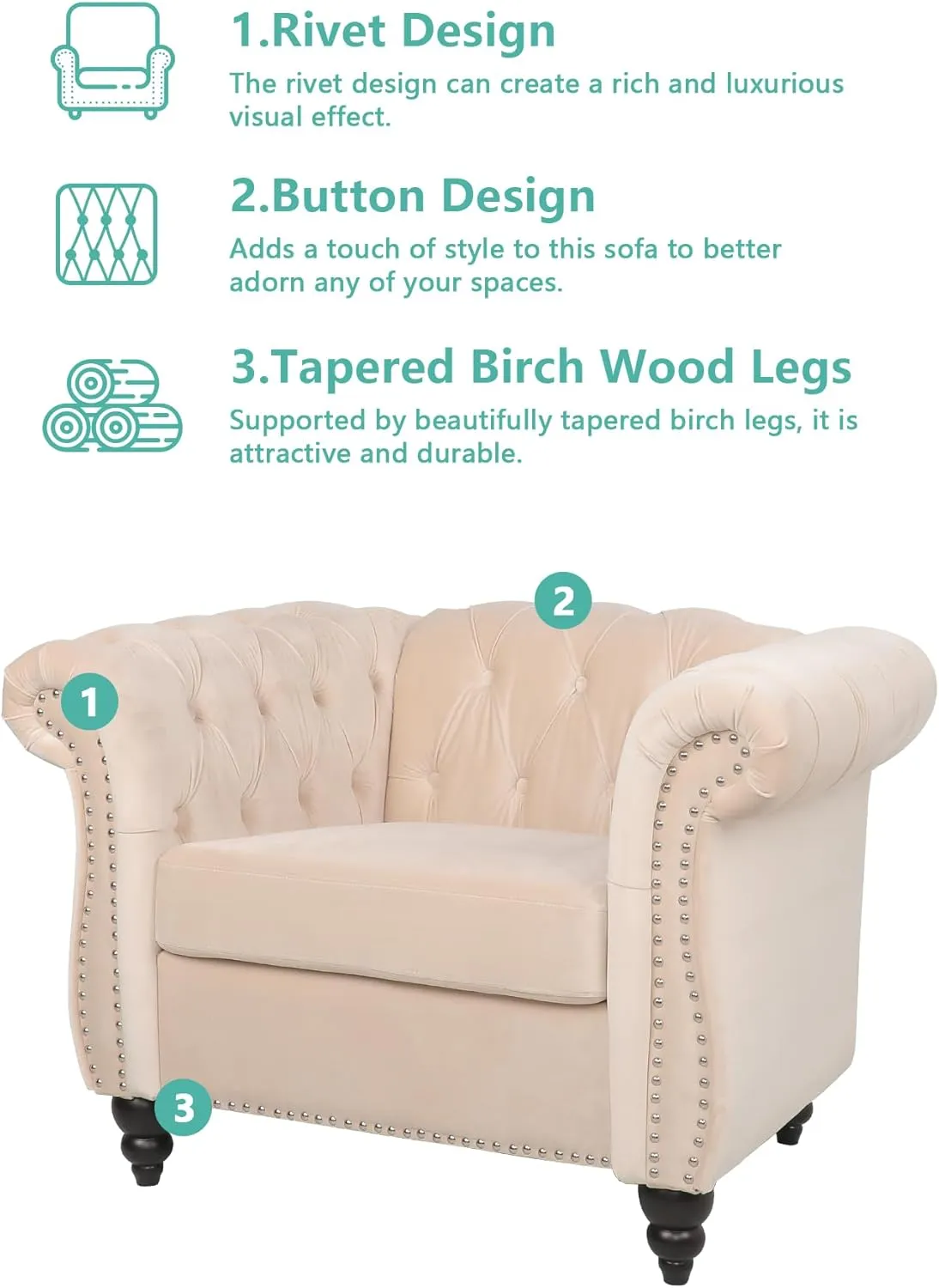 QHITTY 2 Piece Living Room Set, Sectional Chesterfield Sofa Chair Contemporary Upholstered Velvet Loveseat Couch Sets for Living Room, Bedroom, Office