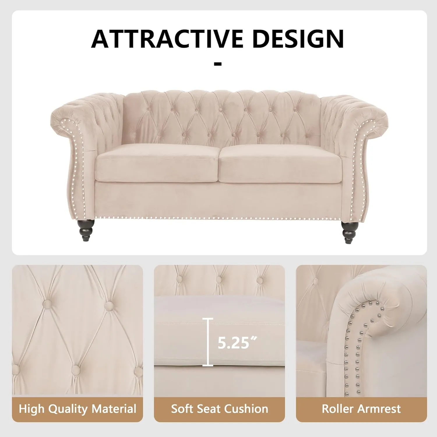 QHITTY 2 Piece Living Room Set, Sectional Chesterfield Sofa Chair Contemporary Upholstered Velvet Loveseat Couch Sets for Living Room, Bedroom, Office