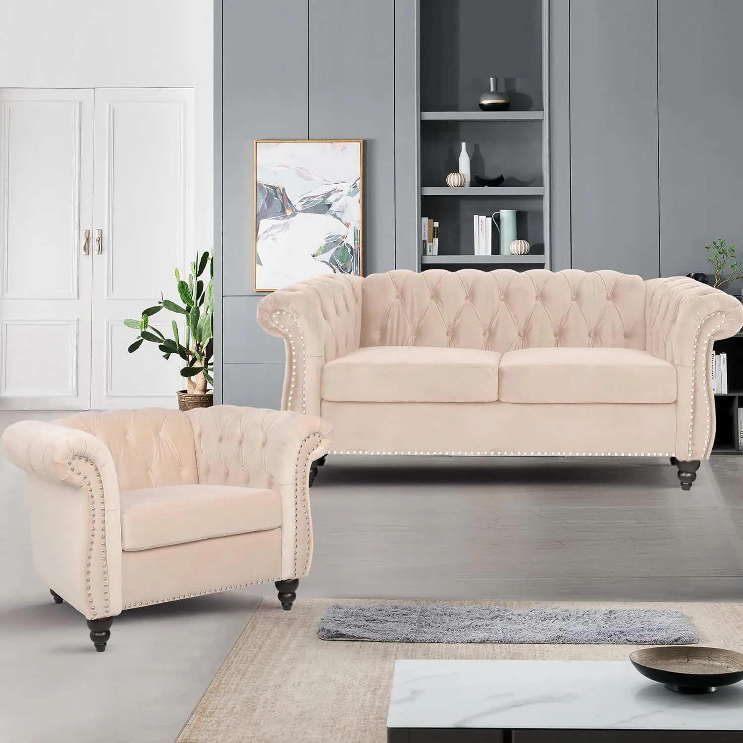 QHITTY 2 Piece Living Room Set, Sectional Chesterfield Sofa Chair Contemporary Upholstered Velvet Loveseat Couch Sets for Living Room, Bedroom, Office