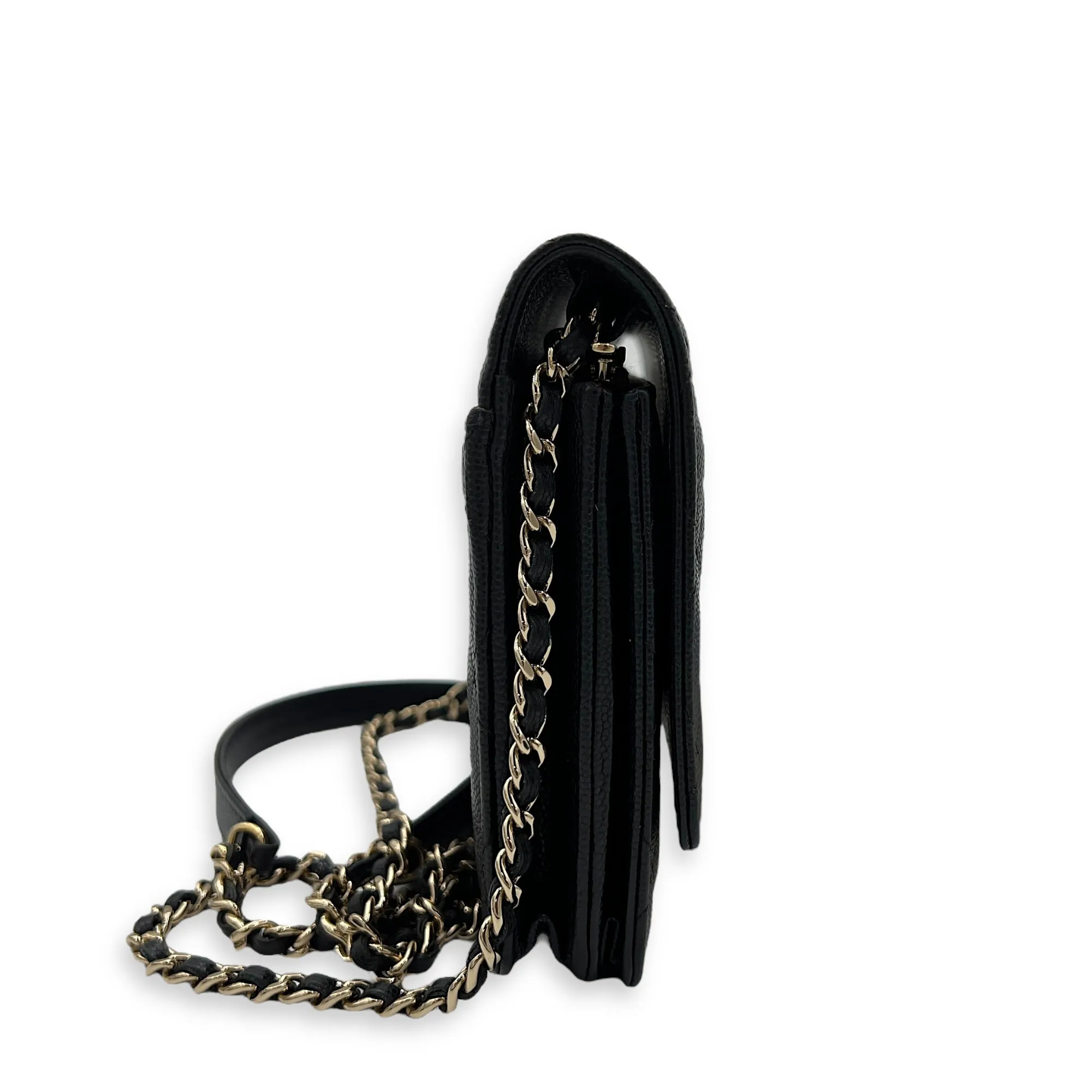 Quilted Black Wallet On Chain in Caviar Leather, Gold hardware