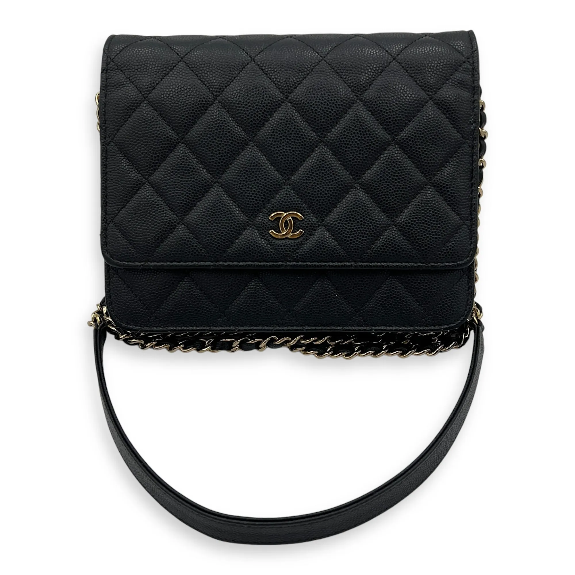 Quilted Black Wallet On Chain in Caviar Leather, Gold hardware