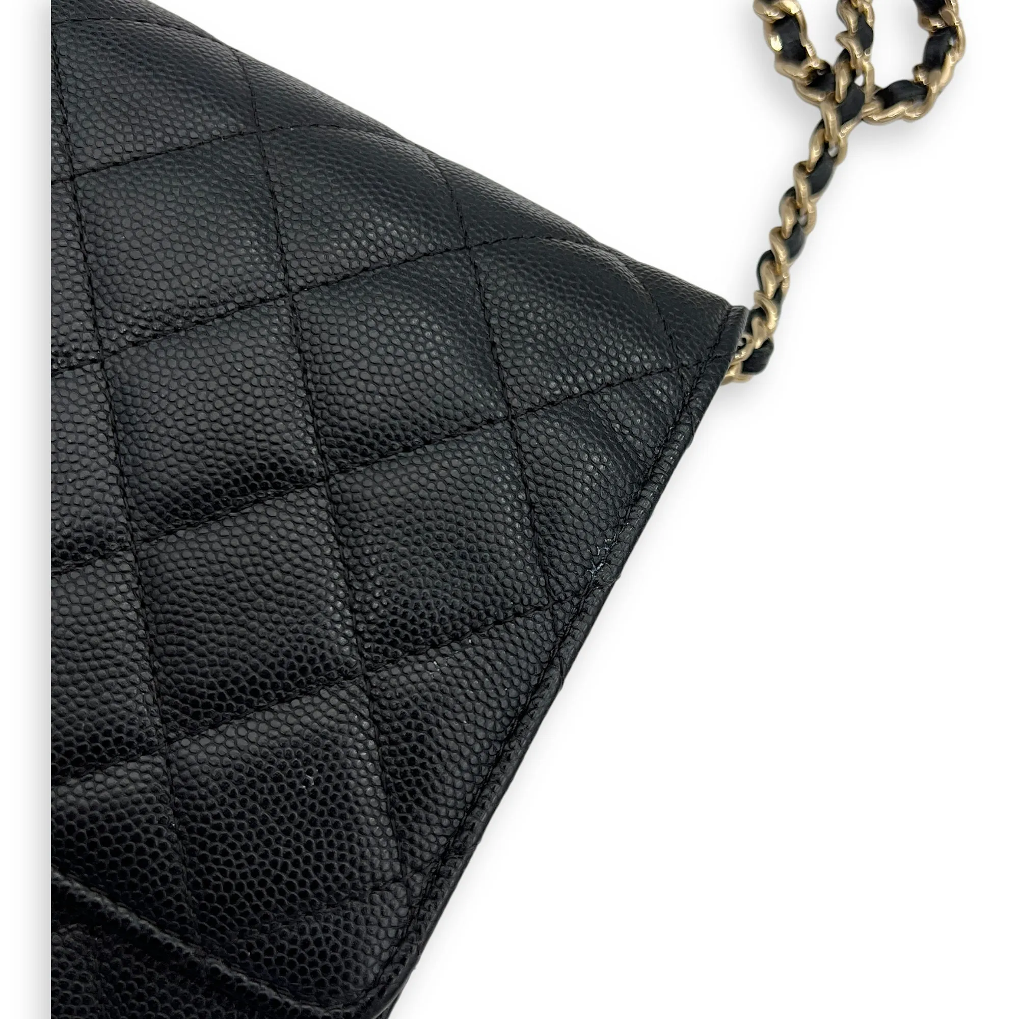 Quilted Black Wallet On Chain in Caviar Leather, Gold hardware