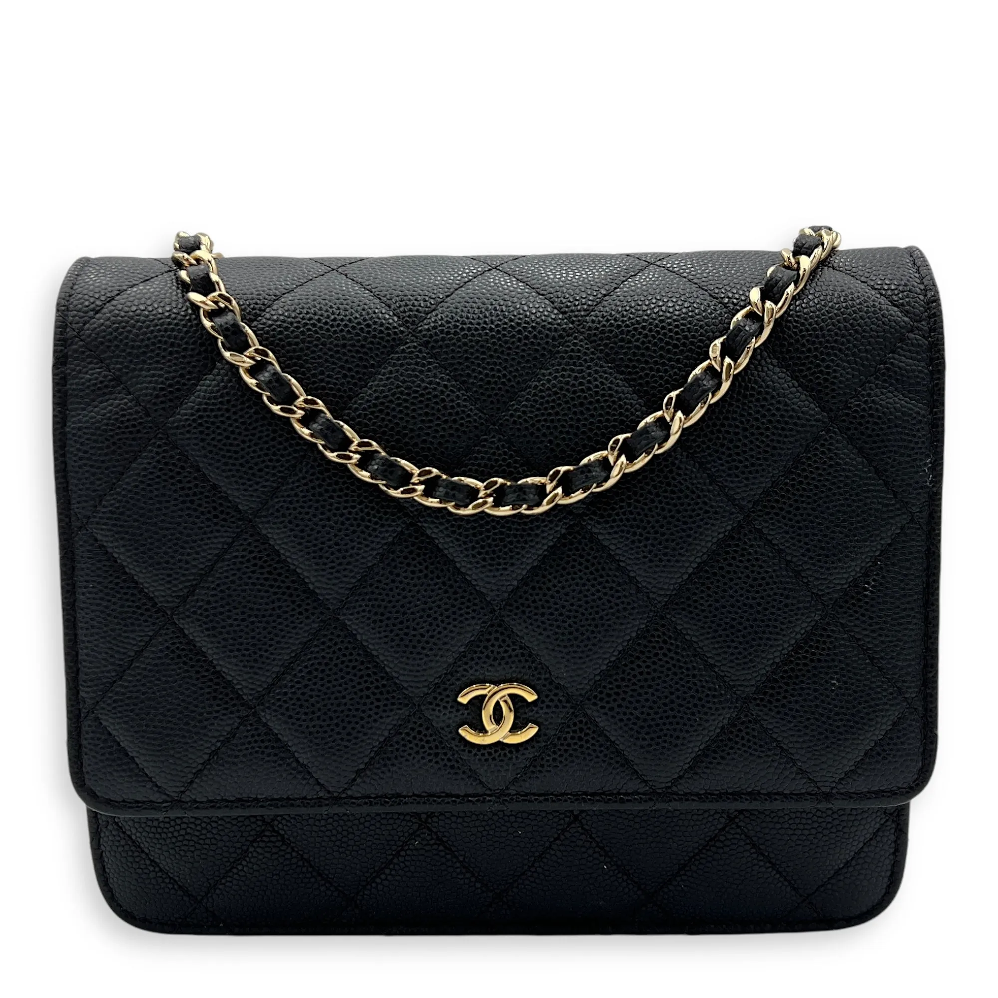 Quilted Black Wallet On Chain in Caviar Leather, Gold hardware