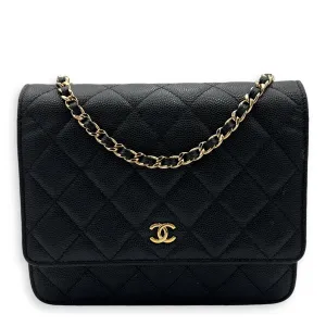 Quilted Black Wallet On Chain in Caviar Leather, Gold hardware