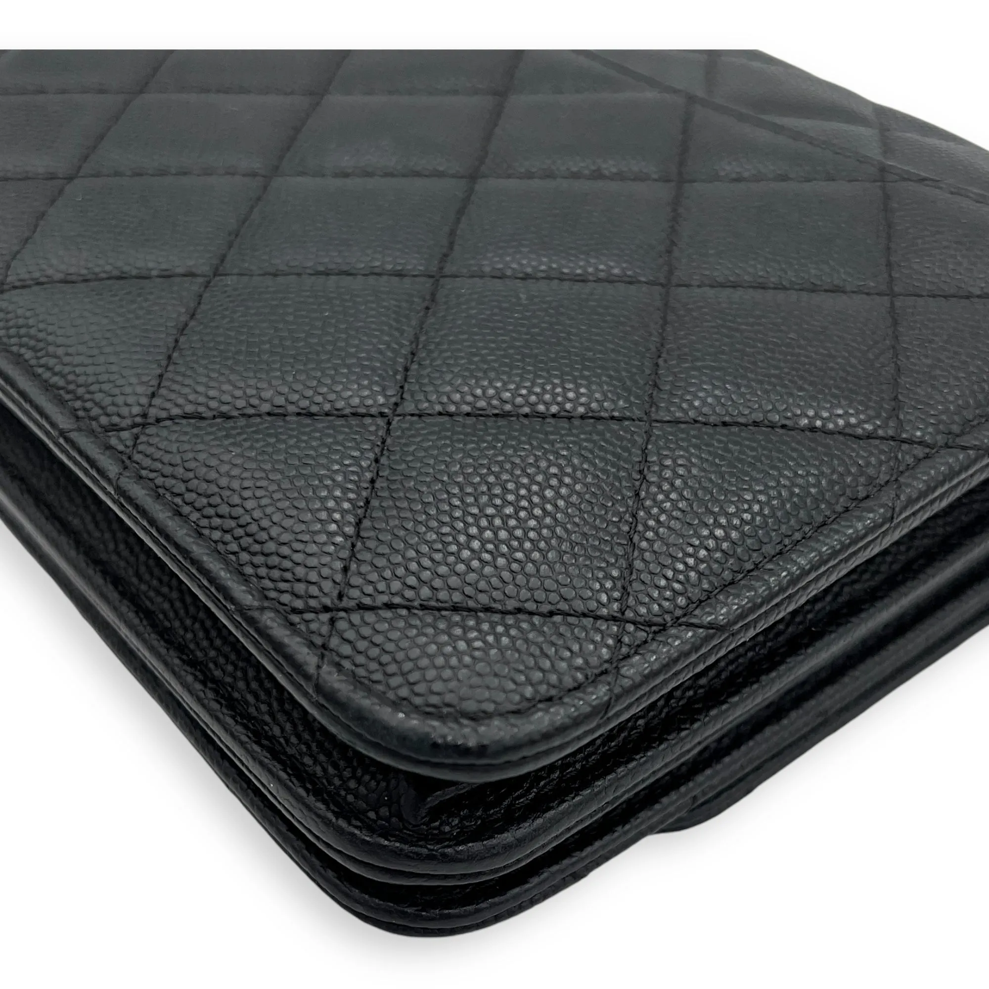 Quilted Black Wallet On Chain in Caviar Leather, Gold hardware