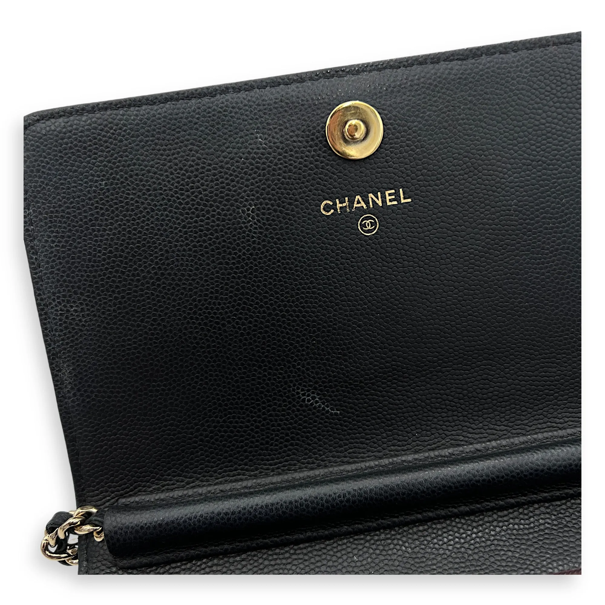 Quilted Black Wallet On Chain in Caviar Leather, Gold hardware