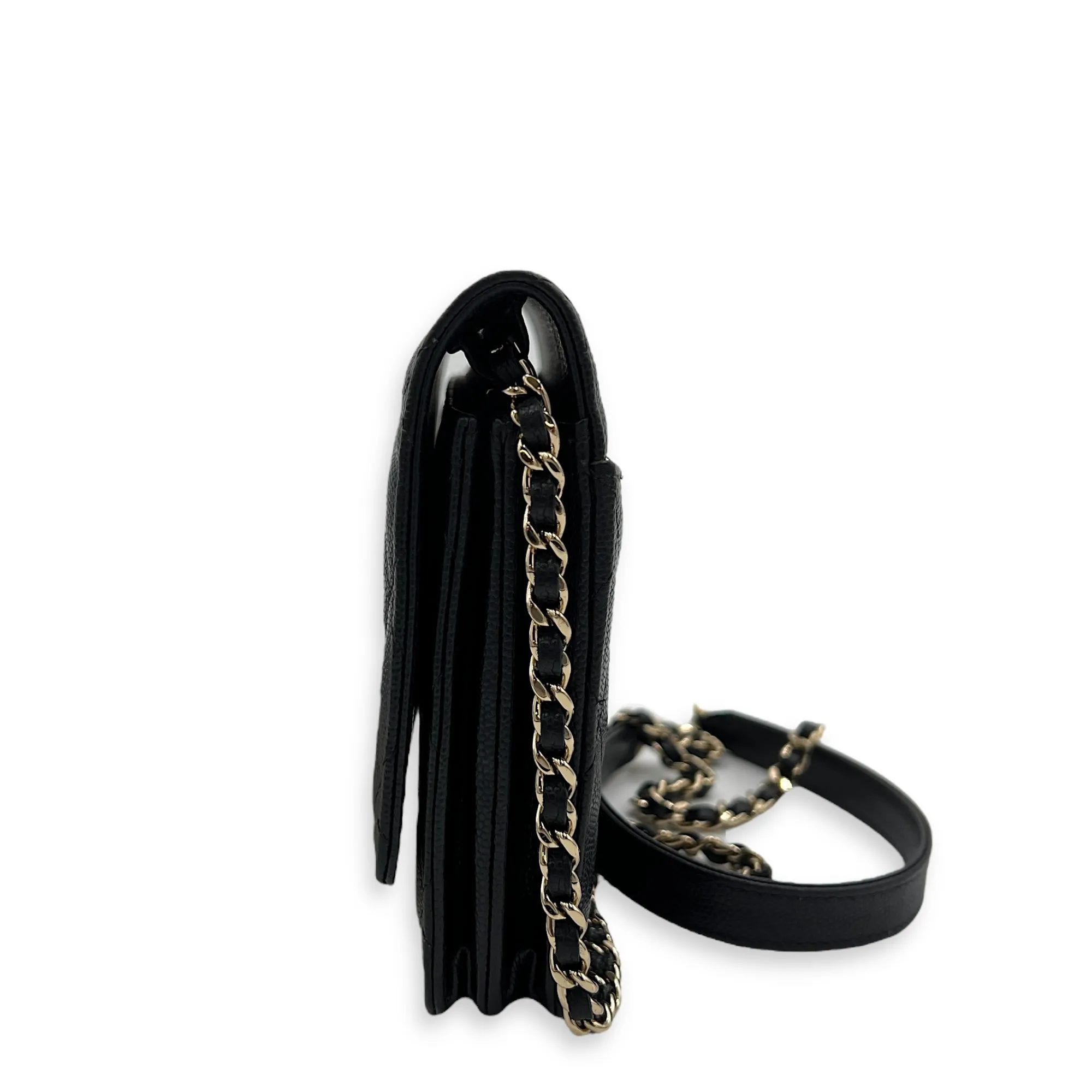 Quilted Black Wallet On Chain in Caviar Leather, Gold hardware