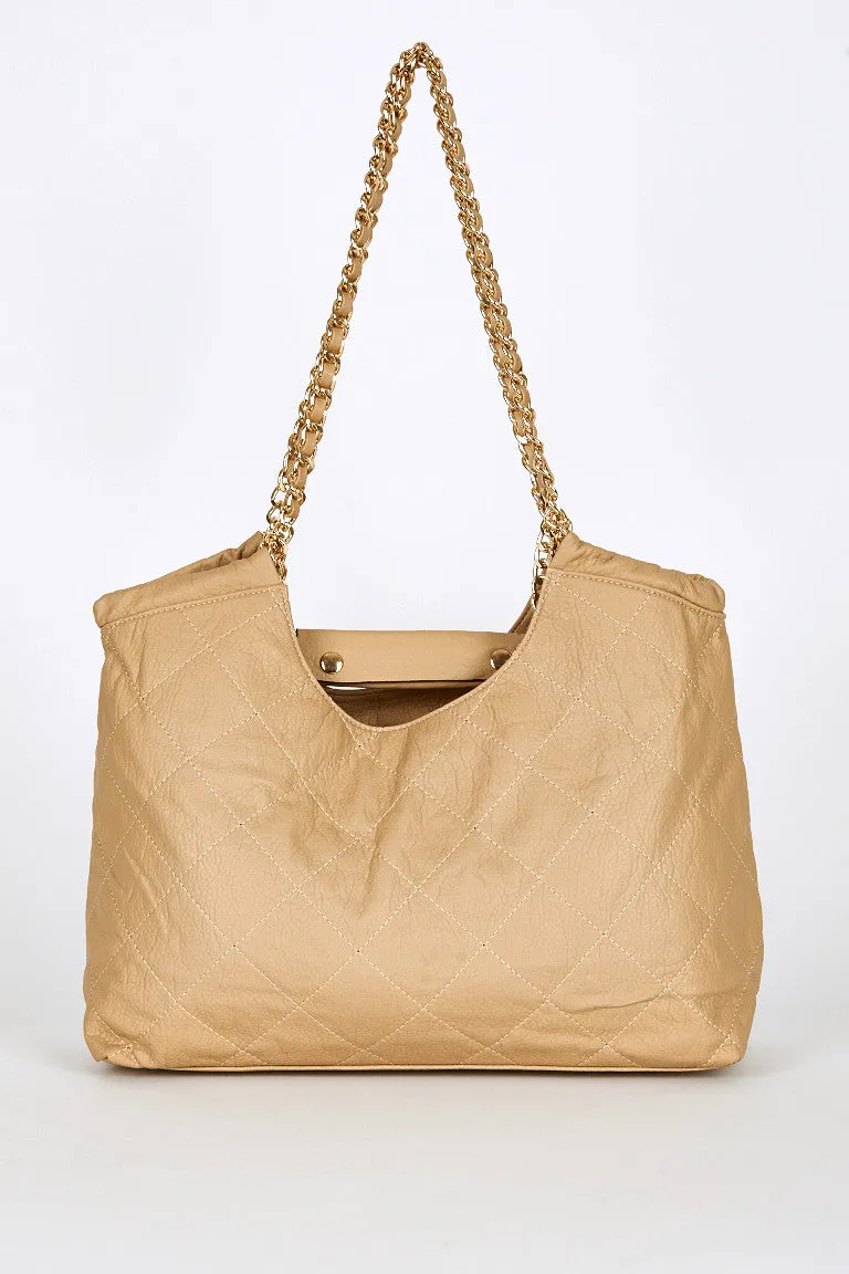 Quilted Chain Strap Shoulder Bag In Beige