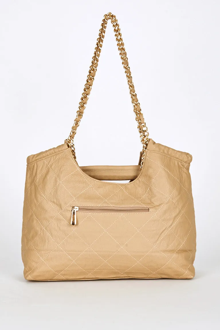 Quilted Chain Strap Shoulder Bag In Beige