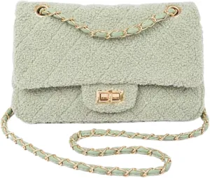 Quilted Faux Fur Shoulder Bag for Women Crossbody Bag Gold Chain Strap Flap Closure Soft Plush Texture Evening Bag