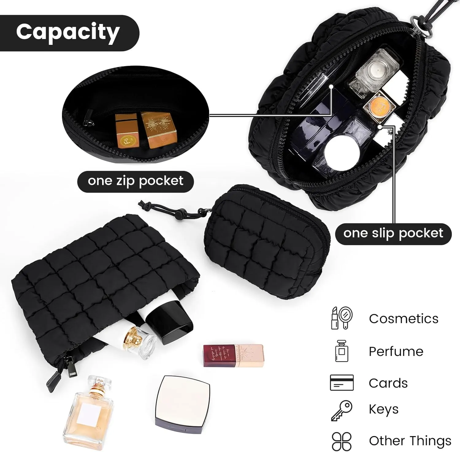 Quilted Makeup Bag and Zip Card Pouch Key Chain Puffer Cosmetic Bag Travel Cute Makeup Bag Organizer Mini Coin Purse