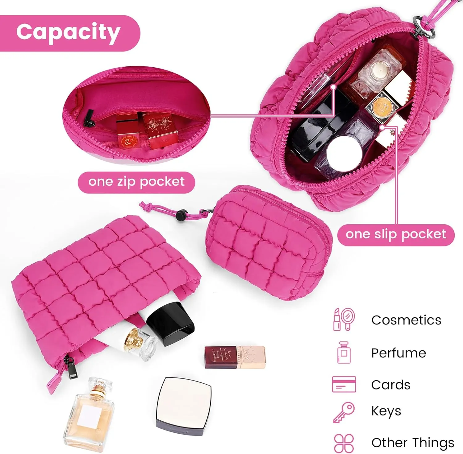 Quilted Makeup Bag and Zip Card Pouch Key Chain Puffer Cosmetic Bag Travel Cute Makeup Bag Organizer Mini Coin Purse