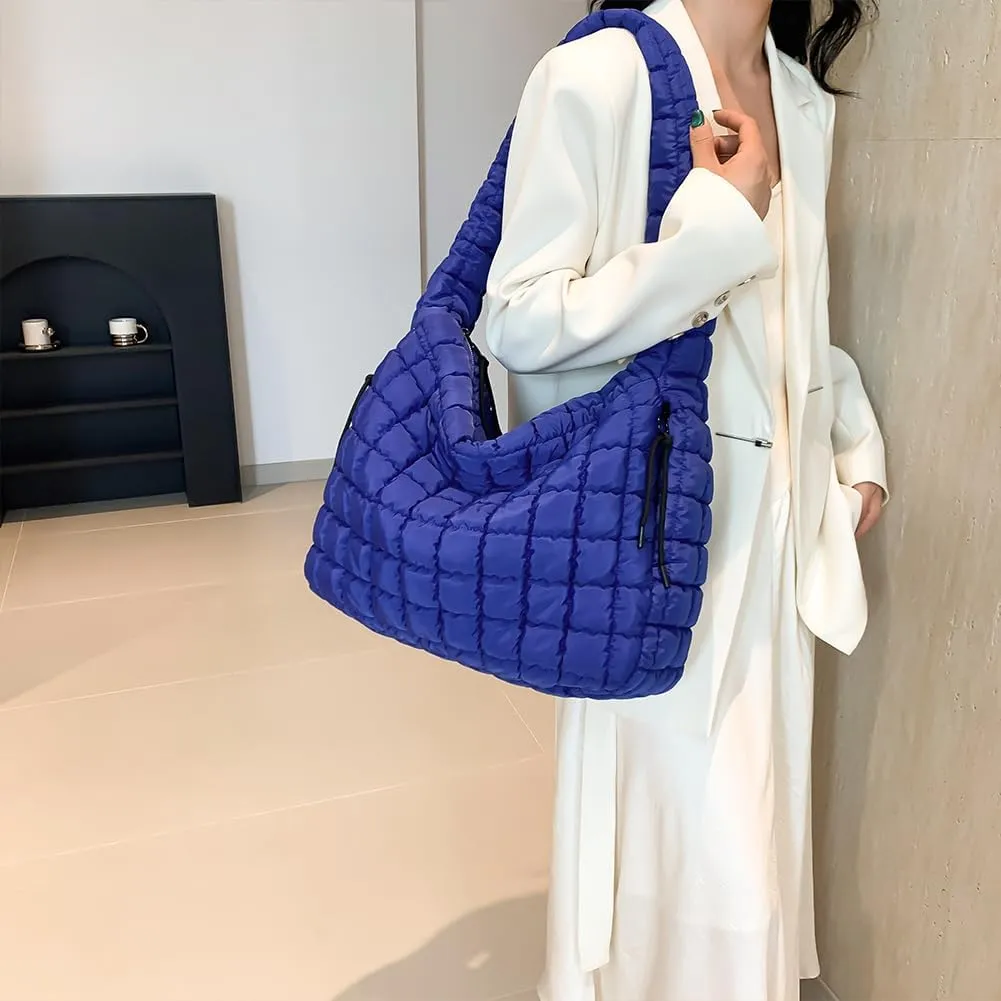 Quilted Puffer Tote Bag for Women Large Crossbody Shoulder Bag with Zipper Lightweight Travel Hobo Handbag