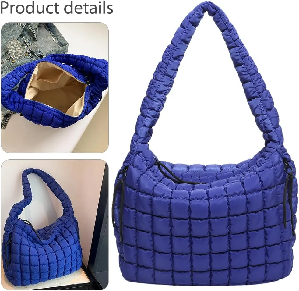 Quilted Puffer Tote Bag for Women Large Crossbody Shoulder Bag with Zipper Lightweight Travel Hobo Handbag