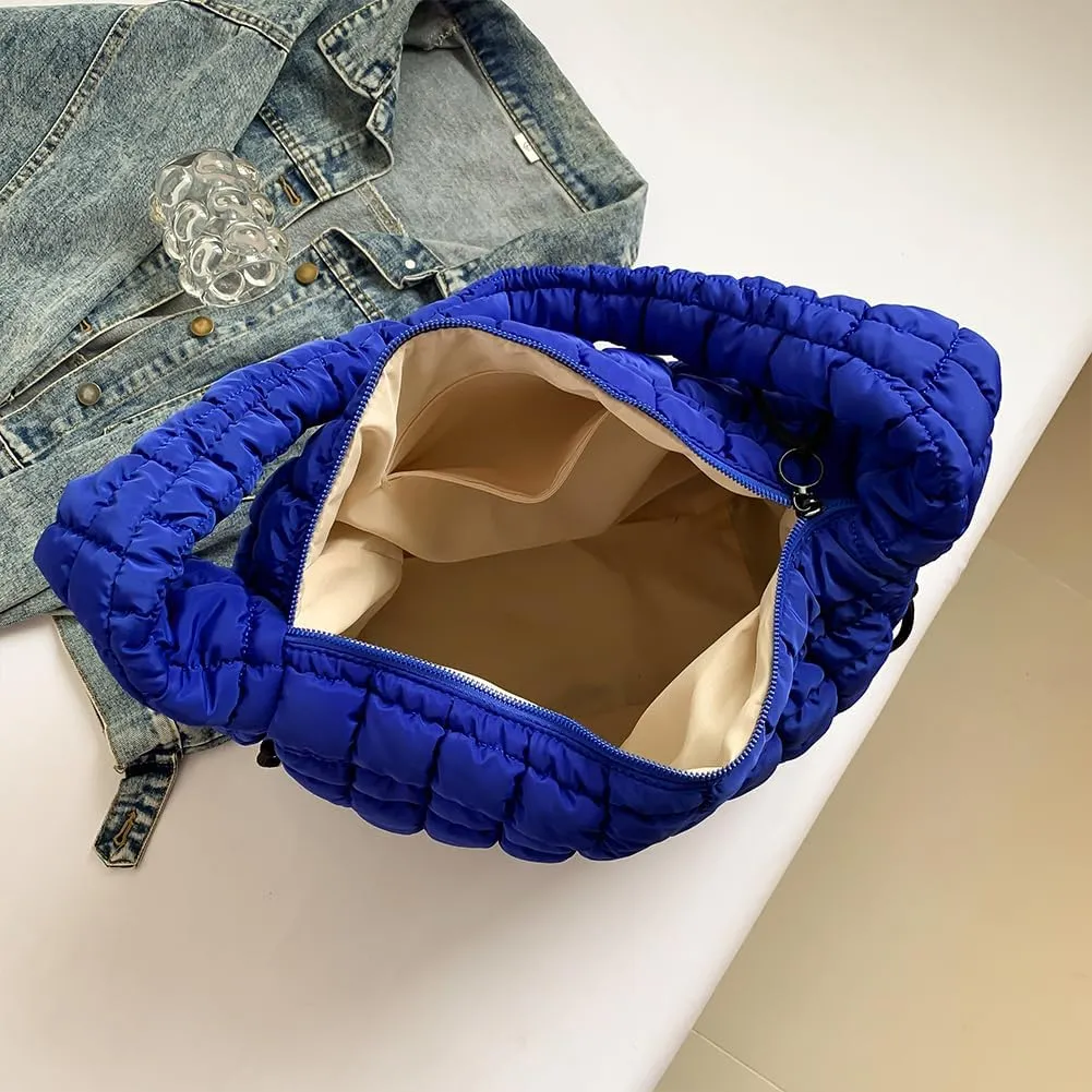 Quilted Puffer Tote Bag for Women Large Crossbody Shoulder Bag with Zipper Lightweight Travel Hobo Handbag