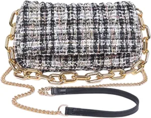 Quilted Tweed Chunky Chain Shoulder Bag Trendy Designer Crossbody Purse for Women, Elegant Evening Handbag with Gold Chain