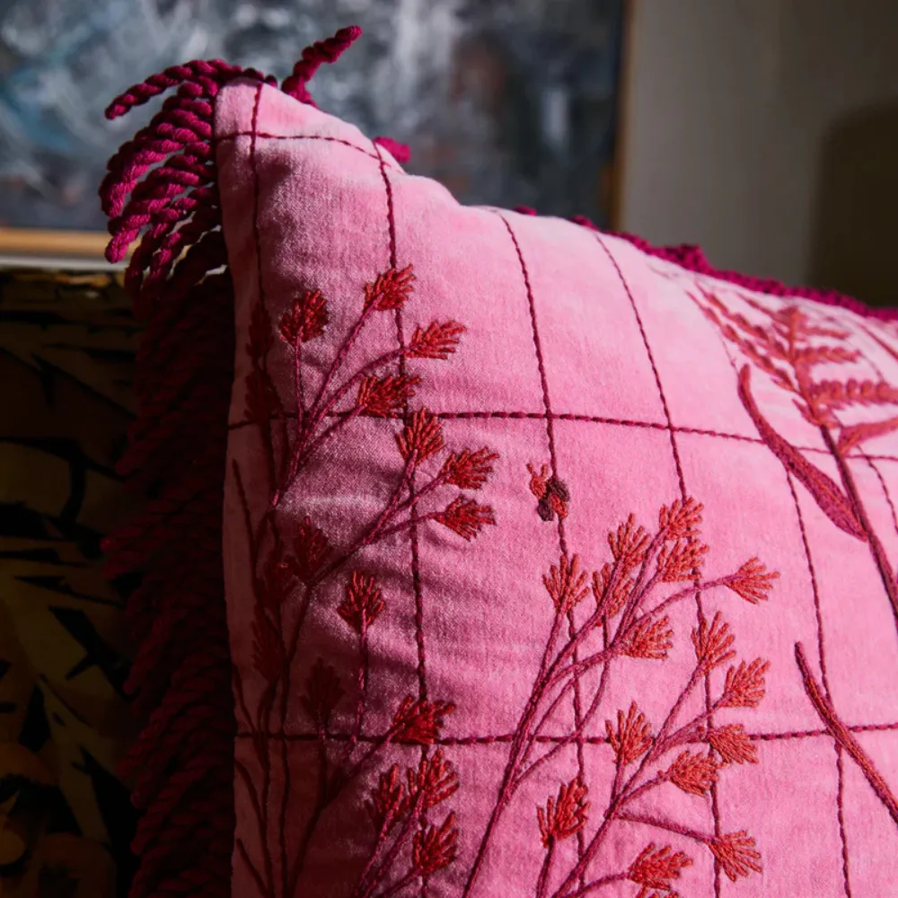 "Adelyn" Embroidered Cushion - Cosmo Pink