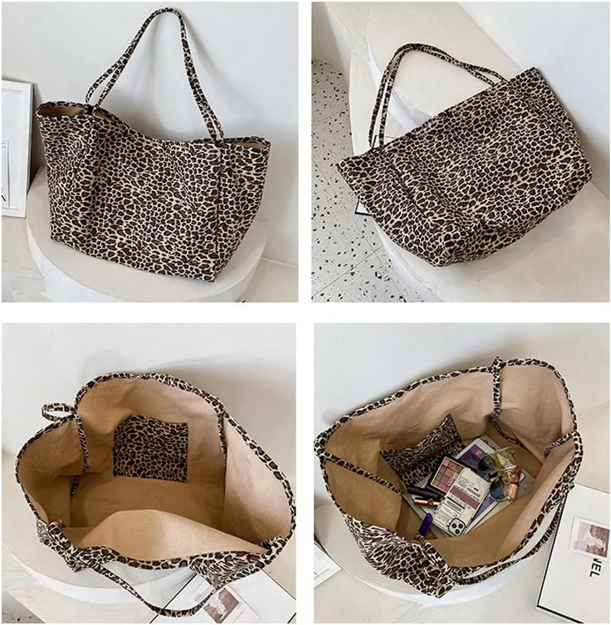 QWINEE Women's Leopard Print Shoulder Bag Large Capacity Cheetah Print Large Tote Bag Travel Handbag