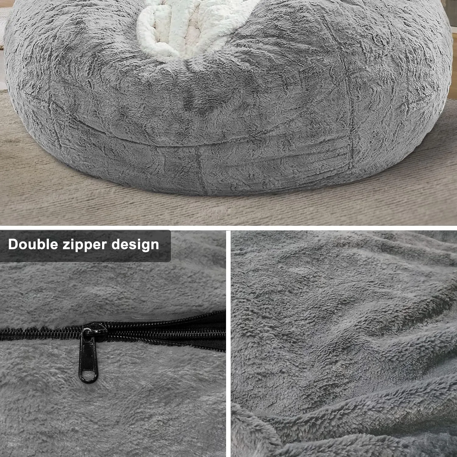 RAINBEAN Bean Bag Chair Cover(it was only a Cover, not a Full Bean Bag) Chair Cushion, Big Round Soft Fluffy PV Velvet Sofa Bed Cover, Living Room Furniture, Lazy Sofa Bed Cover,6ft Light Grey