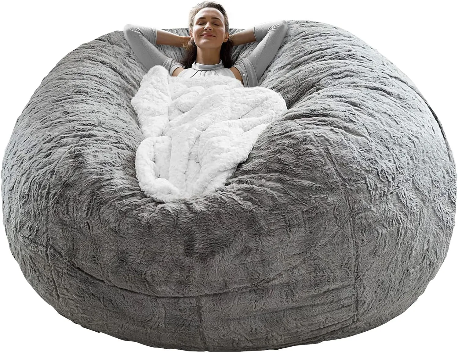 RAINBEAN Bean Bag Chair Cover(it was only a Cover, not a Full Bean Bag) Chair Cushion, Big Round Soft Fluffy PV Velvet Sofa Bed Cover, Living Room Furniture, Lazy Sofa Bed Cover,6ft Light Grey