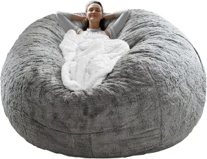 RAINBEAN Bean Bag Chair Cover(it was only a Cover, not a Full Bean Bag) Chair Cushion, Big Round Soft Fluffy PV Velvet Sofa Bed Cover, Living Room Furniture, Lazy Sofa Bed Cover,6ft Light Grey